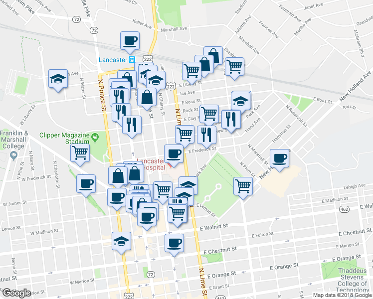 map of restaurants, bars, coffee shops, grocery stores, and more near 610 North Lime Street in Lancaster