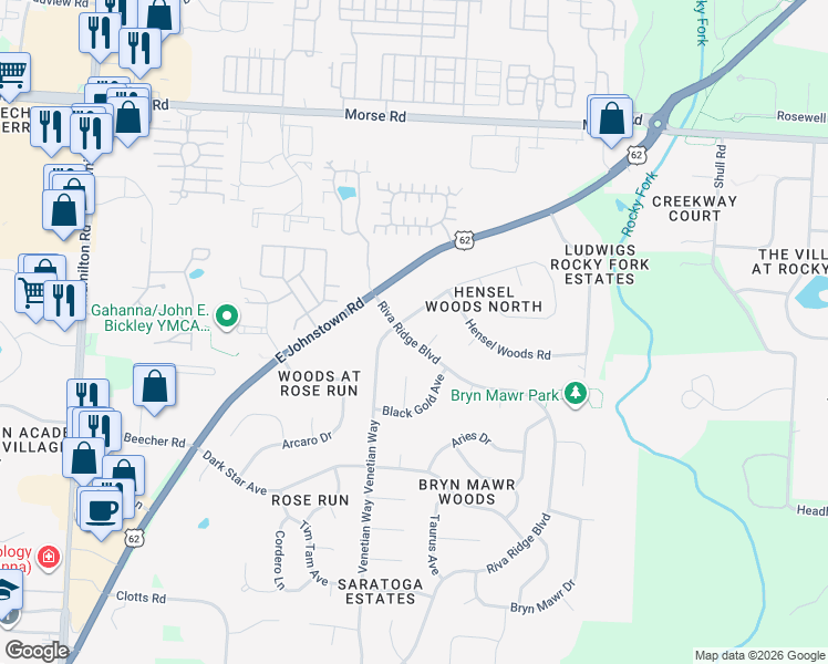 map of restaurants, bars, coffee shops, grocery stores, and more near 1156 Gold Place in Columbus
