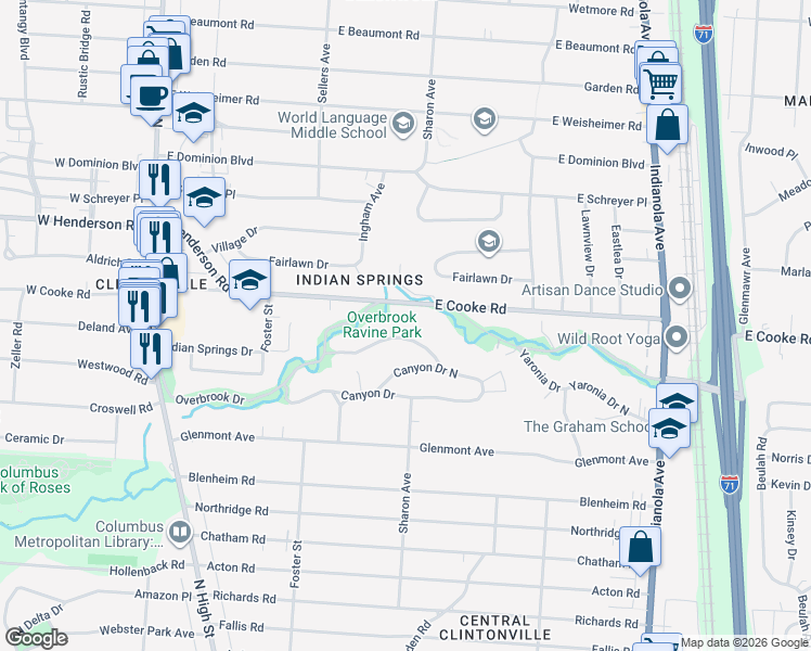 map of restaurants, bars, coffee shops, grocery stores, and more near 360 Lenappe Drive in Columbus