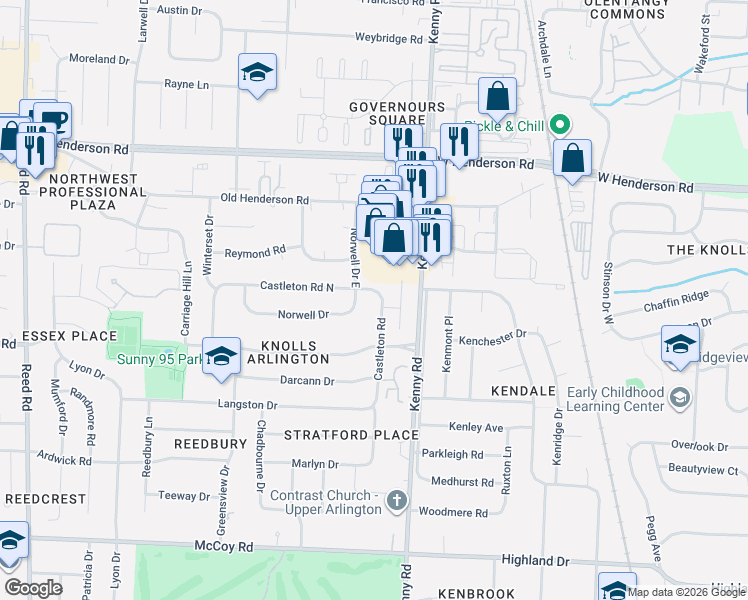 map of restaurants, bars, coffee shops, grocery stores, and more near 4385 Castleton Road in Columbus