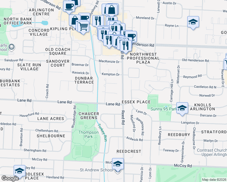 map of restaurants, bars, coffee shops, grocery stores, and more near 1822 Victorian Court in Upper Arlington