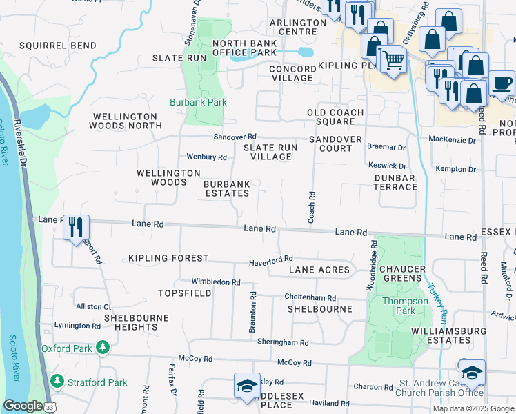 map of restaurants, bars, coffee shops, grocery stores, and more near 4574 Hull Farm Lane in Columbus