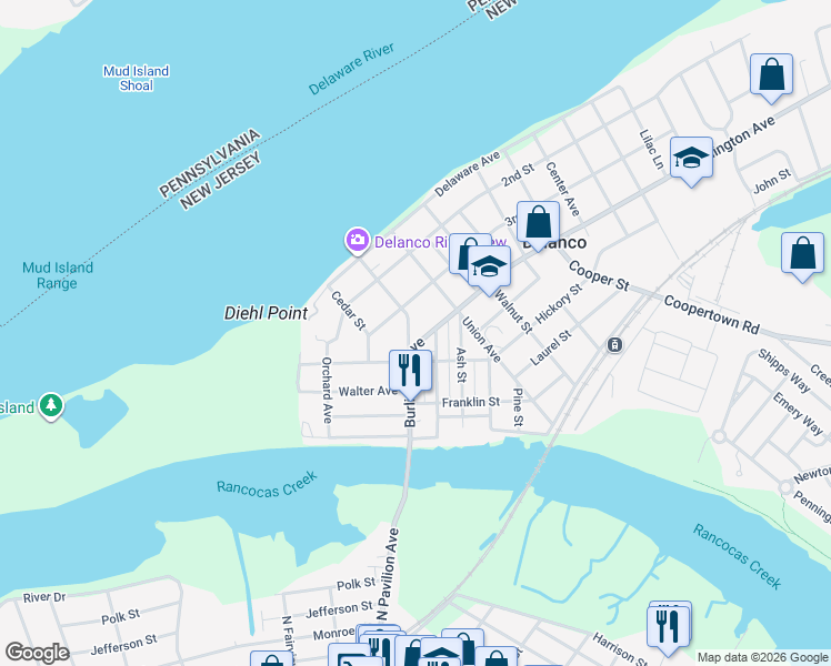 map of restaurants, bars, coffee shops, grocery stores, and more near 516 Burlington Avenue in Delanco