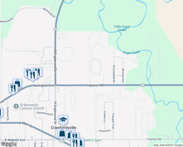 map of restaurants, bars, coffee shops, grocery stores, and more near 930 Aspen Drive in Crawfordsville