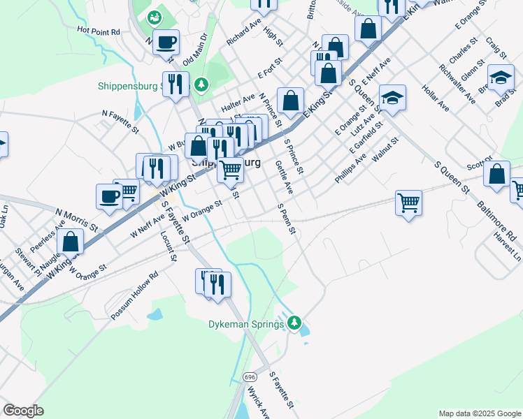 map of restaurants, bars, coffee shops, grocery stores, and more near 37 East Garfield Street in Shippensburg