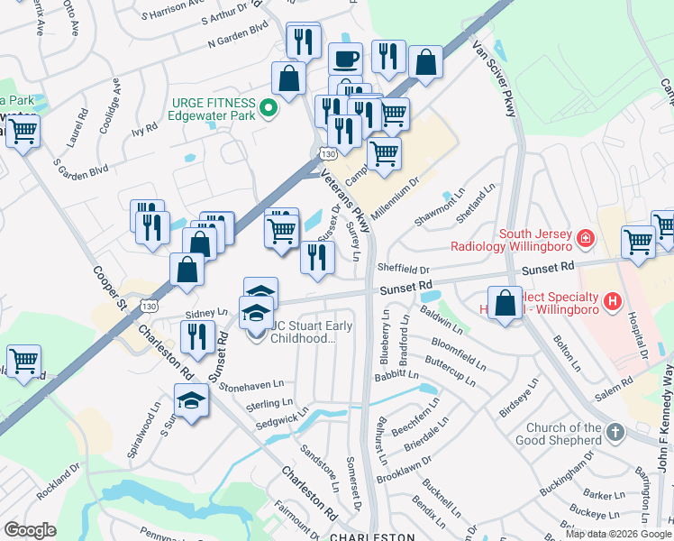 map of restaurants, bars, coffee shops, grocery stores, and more near 20 Sussex Drive in Willingboro