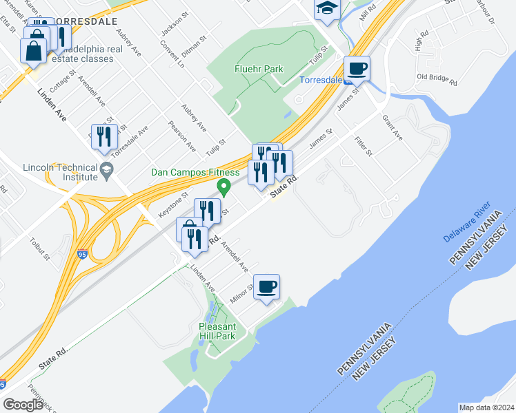 map of restaurants, bars, coffee shops, grocery stores, and more near 9400 State Road in Philadelphia