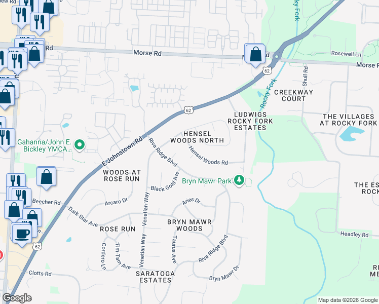 map of restaurants, bars, coffee shops, grocery stores, and more near 847 Hensel Woods Road in Columbus