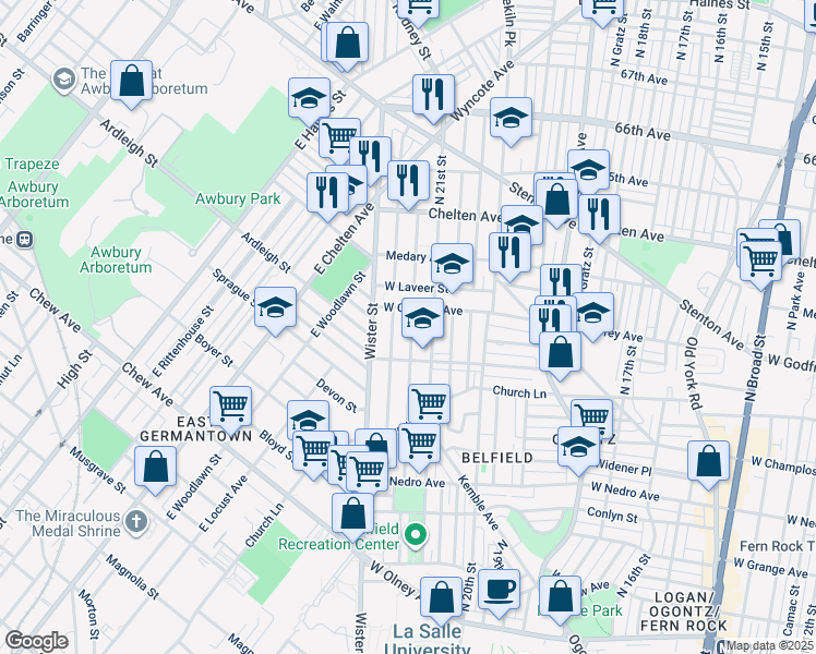 map of restaurants, bars, coffee shops, grocery stores, and more near 6136 North Norwood Street in Philadelphia