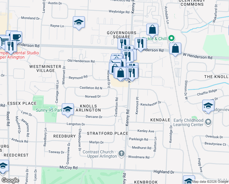 map of restaurants, bars, coffee shops, grocery stores, and more near 4385 Castleton Road in Columbus