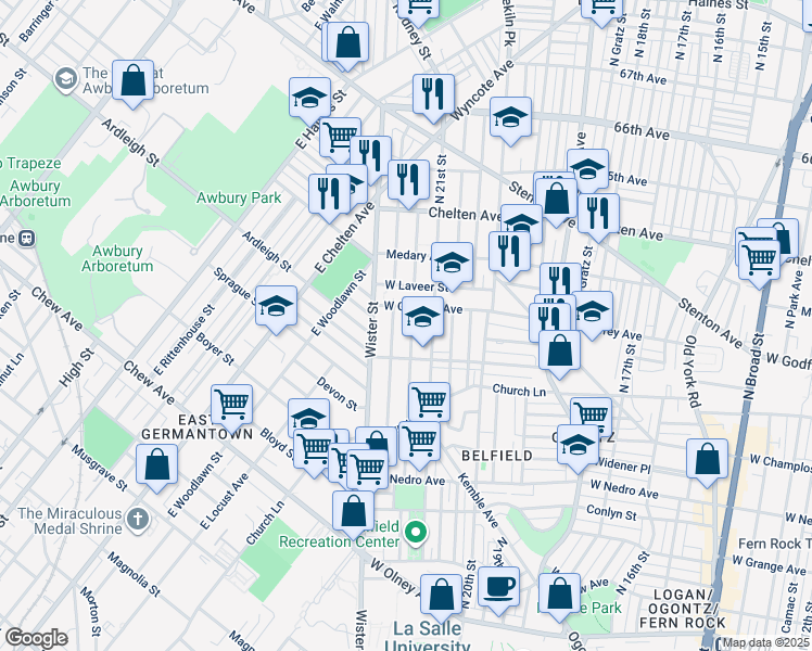 map of restaurants, bars, coffee shops, grocery stores, and more near 6136 North Norwood Street in Philadelphia