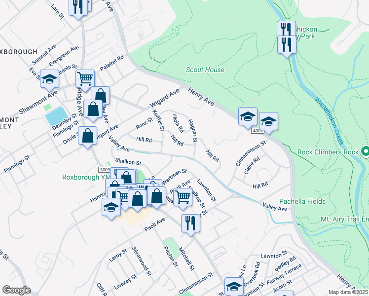 map of restaurants, bars, coffee shops, grocery stores, and more near 7308 Hill Road in Philadelphia
