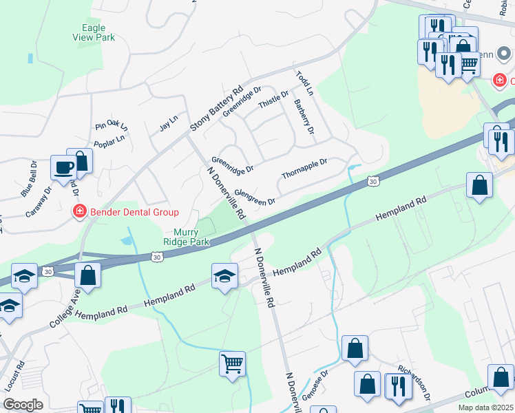 map of restaurants, bars, coffee shops, grocery stores, and more near 3245 Oakglen Court in Lancaster
