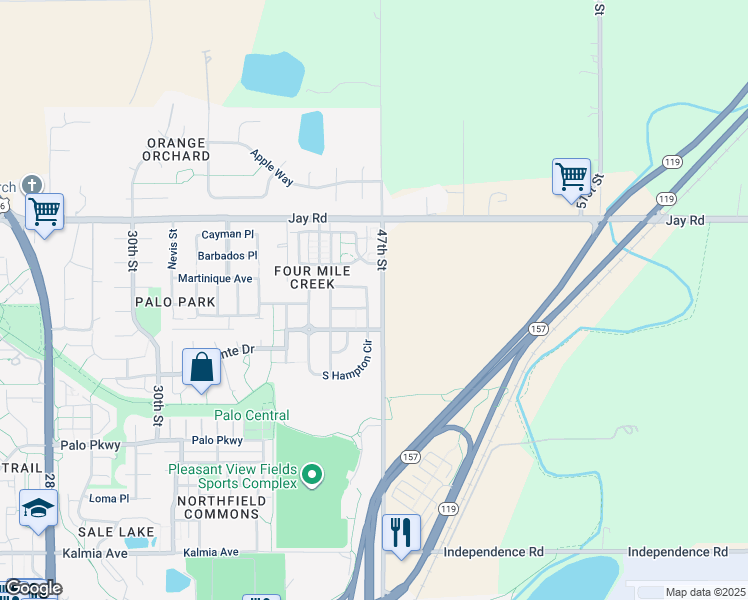 map of restaurants, bars, coffee shops, grocery stores, and more near 4058 Old Westbury Court in Boulder