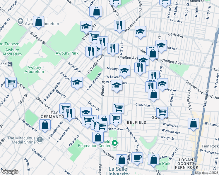 map of restaurants, bars, coffee shops, grocery stores, and more near 6137 North Beechwood Street in Philadelphia