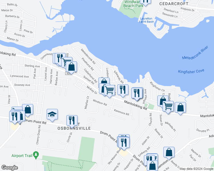 map of restaurants, bars, coffee shops, grocery stores, and more near 76 London Road in Brick Township