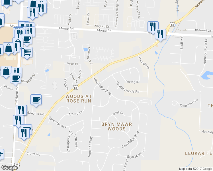 map of restaurants, bars, coffee shops, grocery stores, and more near 1156 Gold Place in Columbus