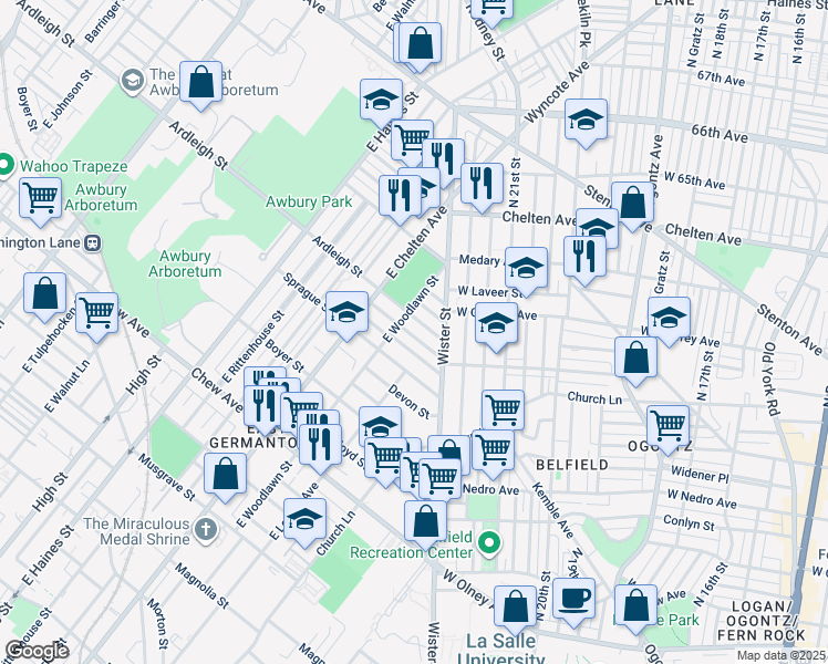 map of restaurants, bars, coffee shops, grocery stores, and more near 5547 Matthews Street in Philadelphia