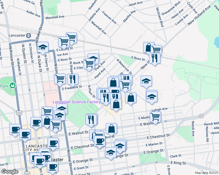 map of restaurants, bars, coffee shops, grocery stores, and more near 536 Hamilton Street in Lancaster