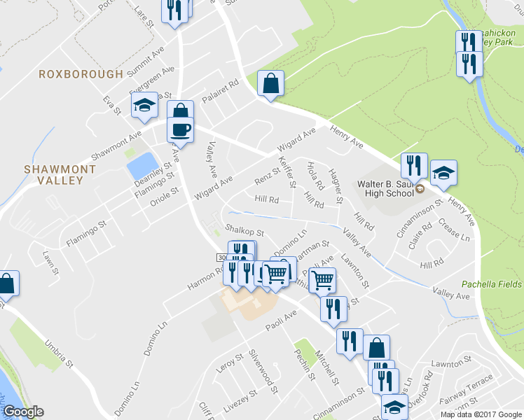map of restaurants, bars, coffee shops, grocery stores, and more near 7339 Valley Ave in Philadelphia