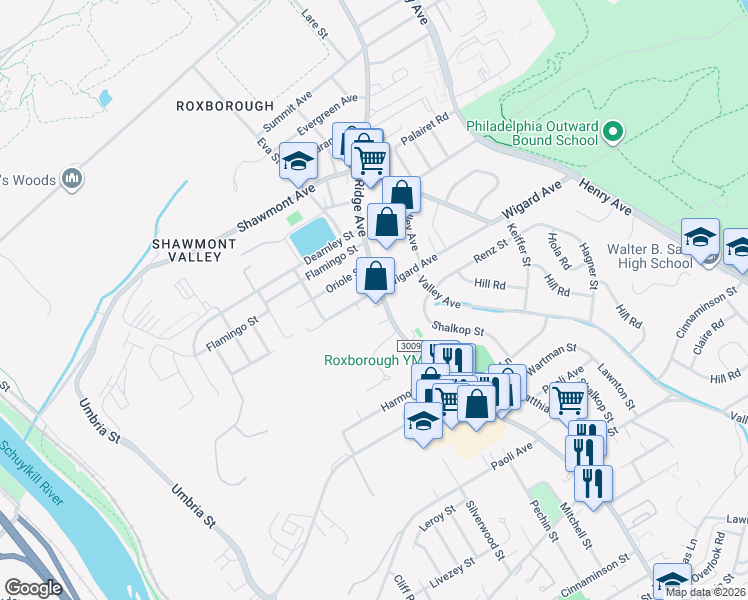 map of restaurants, bars, coffee shops, grocery stores, and more near 7384 Ridge Avenue in Philadelphia