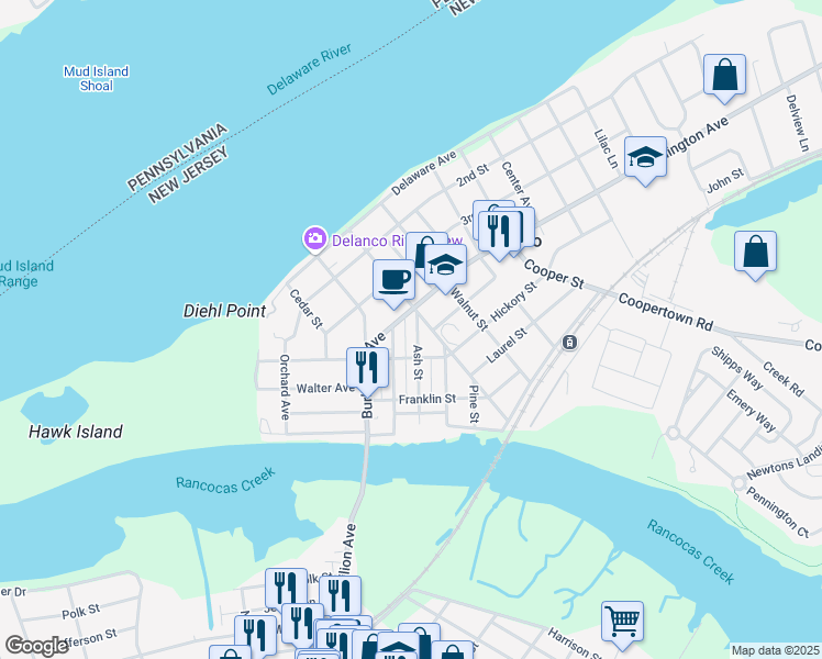 map of restaurants, bars, coffee shops, grocery stores, and more near 526 Ash Street in Delanco