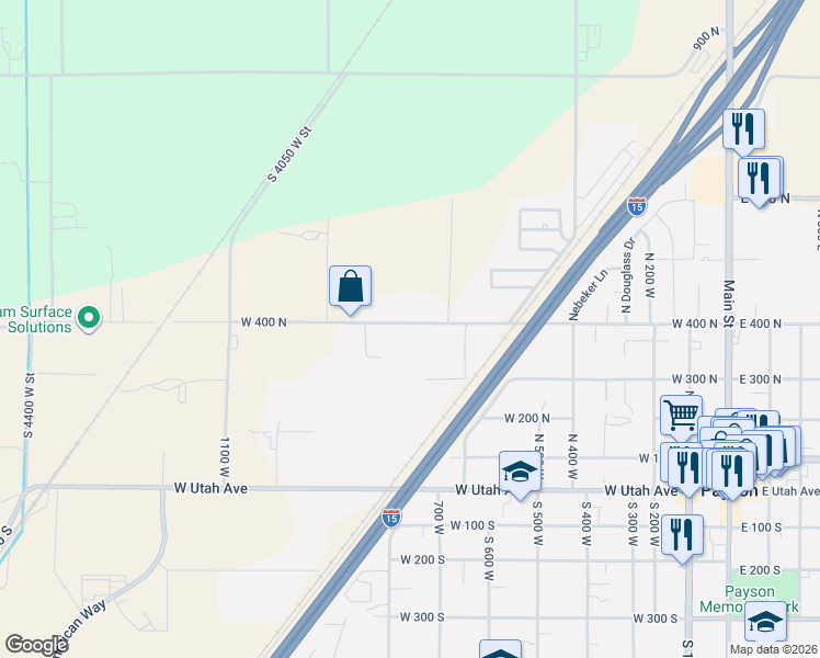 map of restaurants, bars, coffee shops, grocery stores, and more near 845 West 400 North in Payson