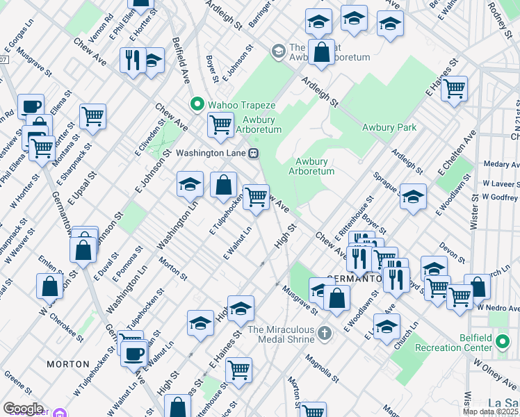 map of restaurants, bars, coffee shops, grocery stores, and more near 535 East Walnut Lane in Philadelphia