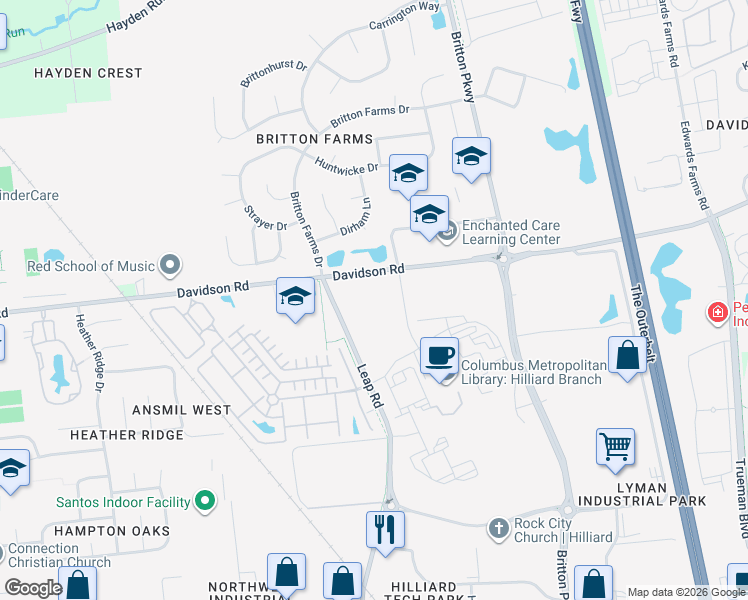 map of restaurants, bars, coffee shops, grocery stores, and more near 4549 Davidson Road in Hilliard
