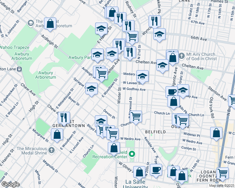map of restaurants, bars, coffee shops, grocery stores, and more near 5509 Ardleigh Street in Philadelphia