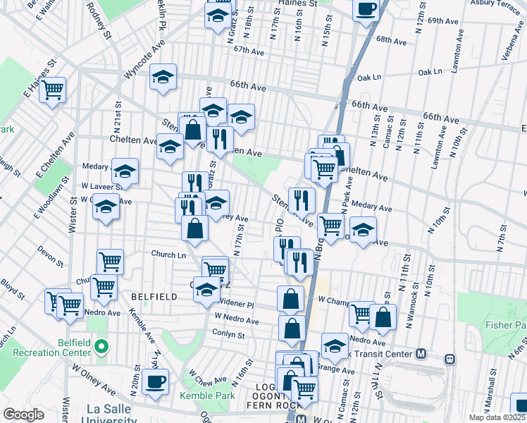 map of restaurants, bars, coffee shops, grocery stores, and more near 6212 North 16th Street in Philadelphia