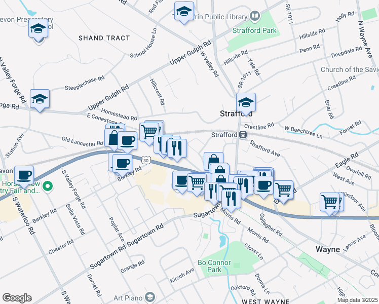 map of restaurants, bars, coffee shops, grocery stores, and more near 329 East Conestoga Road in Wayne
