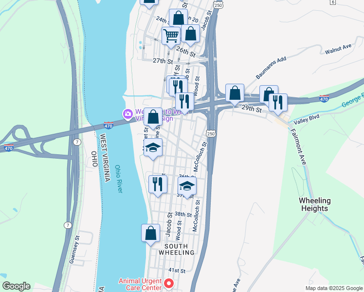 map of restaurants, bars, coffee shops, grocery stores, and more near 87 33rd St in Wheeling