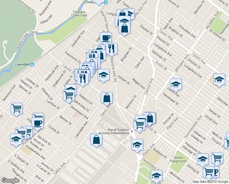 map of restaurants, bars, coffee shops, grocery stores, and more near 6430 Martins Mill Road in Philadelphia