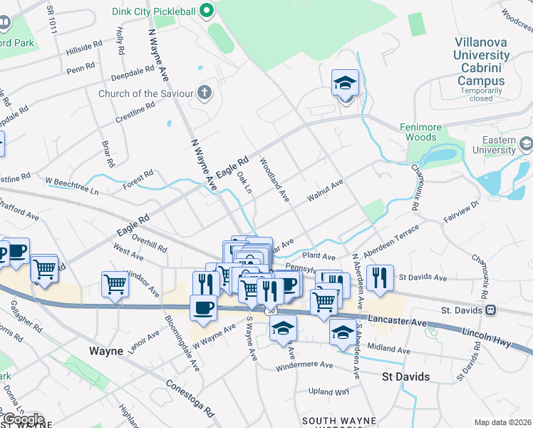 map of restaurants, bars, coffee shops, grocery stores, and more near 119 Walnut Avenue in Wayne