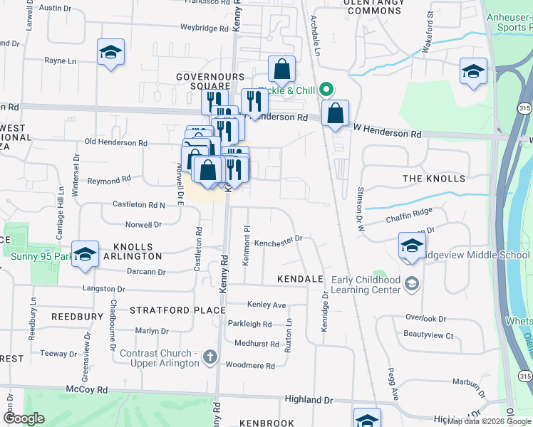 map of restaurants, bars, coffee shops, grocery stores, and more near 4391 Kendale Court in Columbus