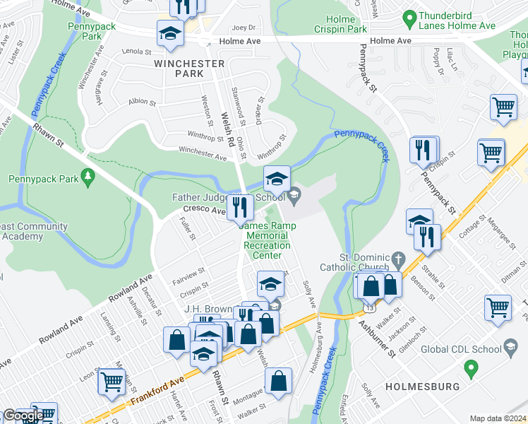 map of restaurants, bars, coffee shops, grocery stores, and more near 3301 Hess Street in Philadelphia