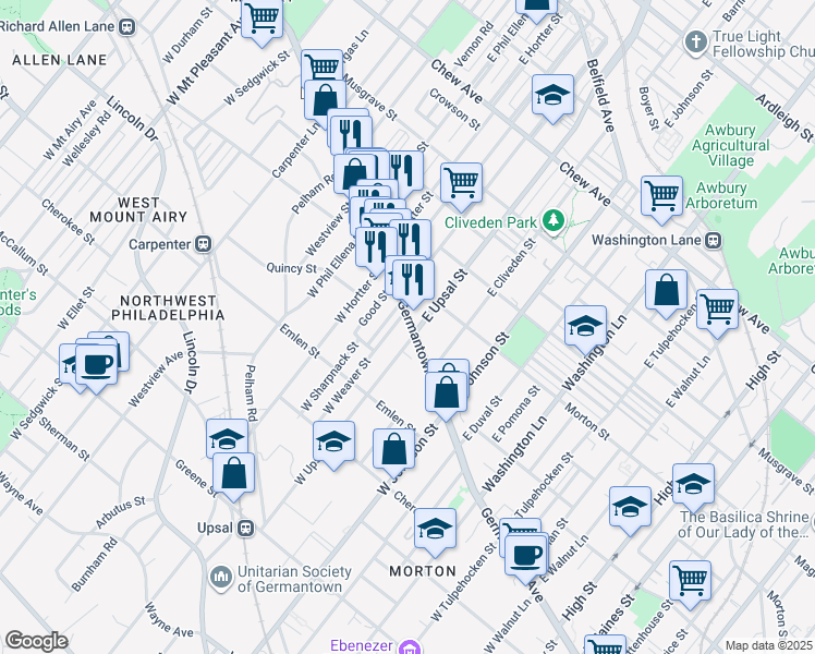 map of restaurants, bars, coffee shops, grocery stores, and more near 6504 Germantown Avenue in Philadelphia