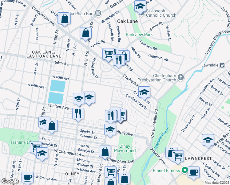 map of restaurants, bars, coffee shops, grocery stores, and more near 6419 N Front St in Philadelphia