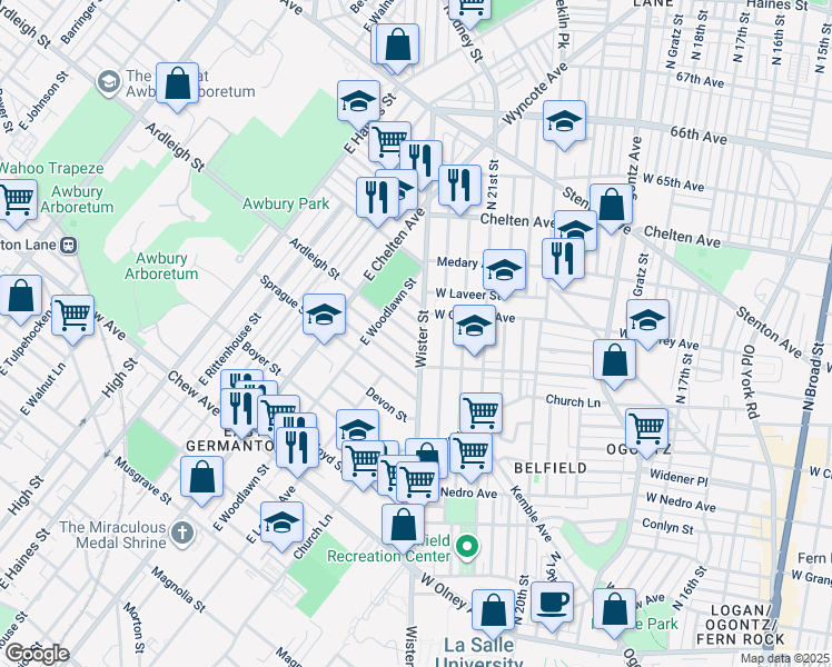 map of restaurants, bars, coffee shops, grocery stores, and more near 5509 Ardleigh Street in Philadelphia