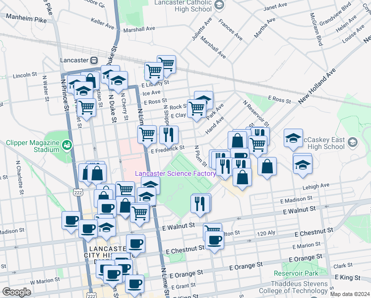 map of restaurants, bars, coffee shops, grocery stores, and more near 334 East Frederick Street in Lancaster
