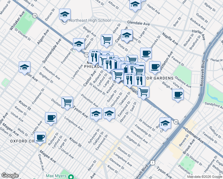 map of restaurants, bars, coffee shops, grocery stores, and more near 7229 Kindred Street in Philadelphia