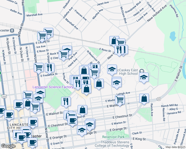 map of restaurants, bars, coffee shops, grocery stores, and more near 602 New Holland Avenue in Lancaster