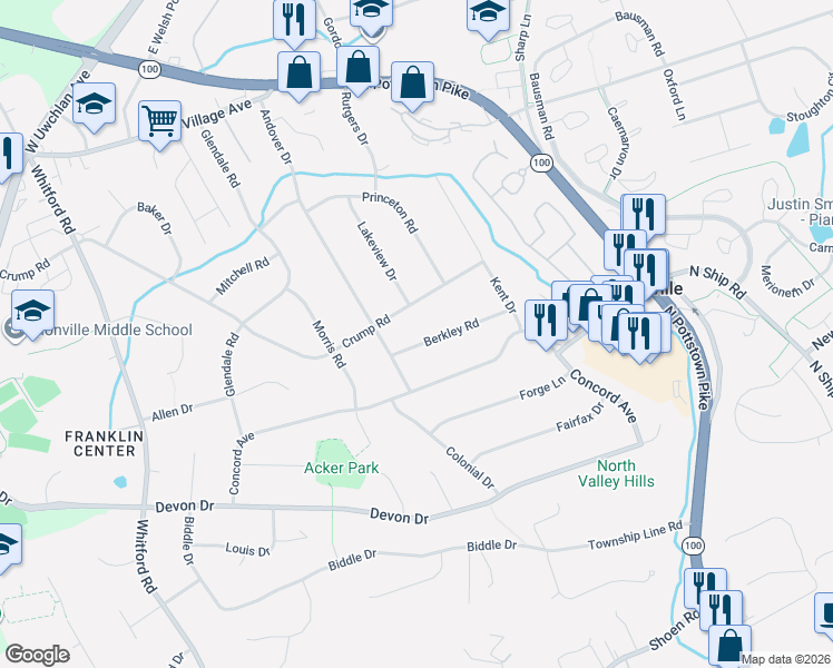 map of restaurants, bars, coffee shops, grocery stores, and more near 407 Berkley Road in Exton