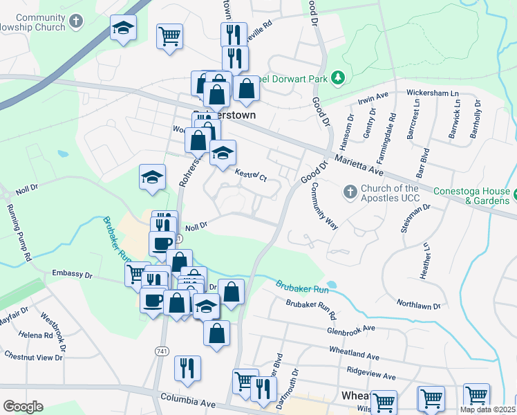 map of restaurants, bars, coffee shops, grocery stores, and more near Kestrel Court in Lancaster