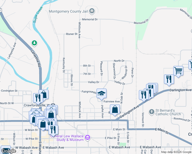 map of restaurants, bars, coffee shops, grocery stores, and more near 610 Brook Street in Crawfordsville