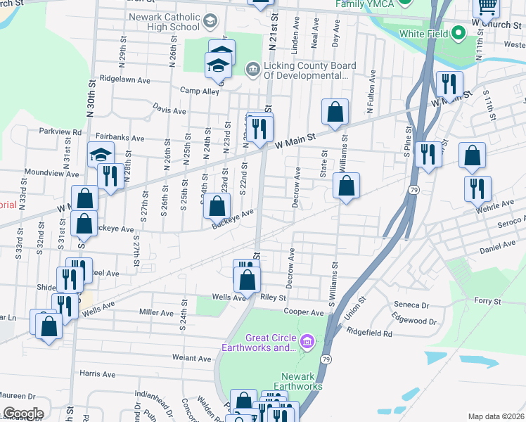 map of restaurants, bars, coffee shops, grocery stores, and more near 108 South 21st Street in Newark