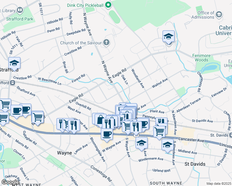 map of restaurants, bars, coffee shops, grocery stores, and more near 400 North Wayne Avenue in Wayne