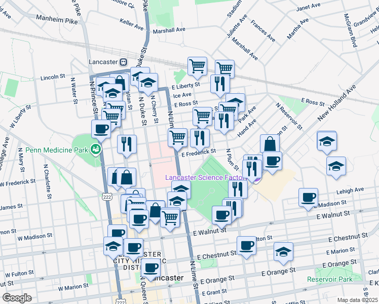 map of restaurants, bars, coffee shops, grocery stores, and more near 227 East Frederick Street in Lancaster