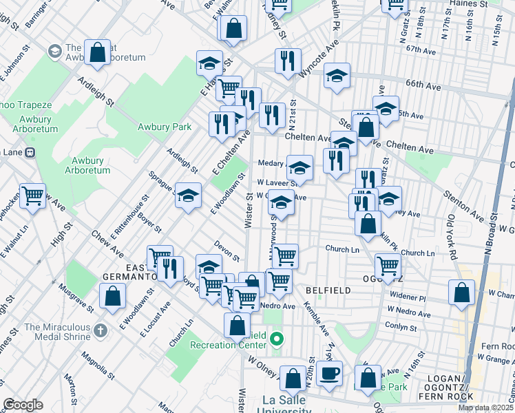 map of restaurants, bars, coffee shops, grocery stores, and more near 6128 North Beechwood Street in Philadelphia